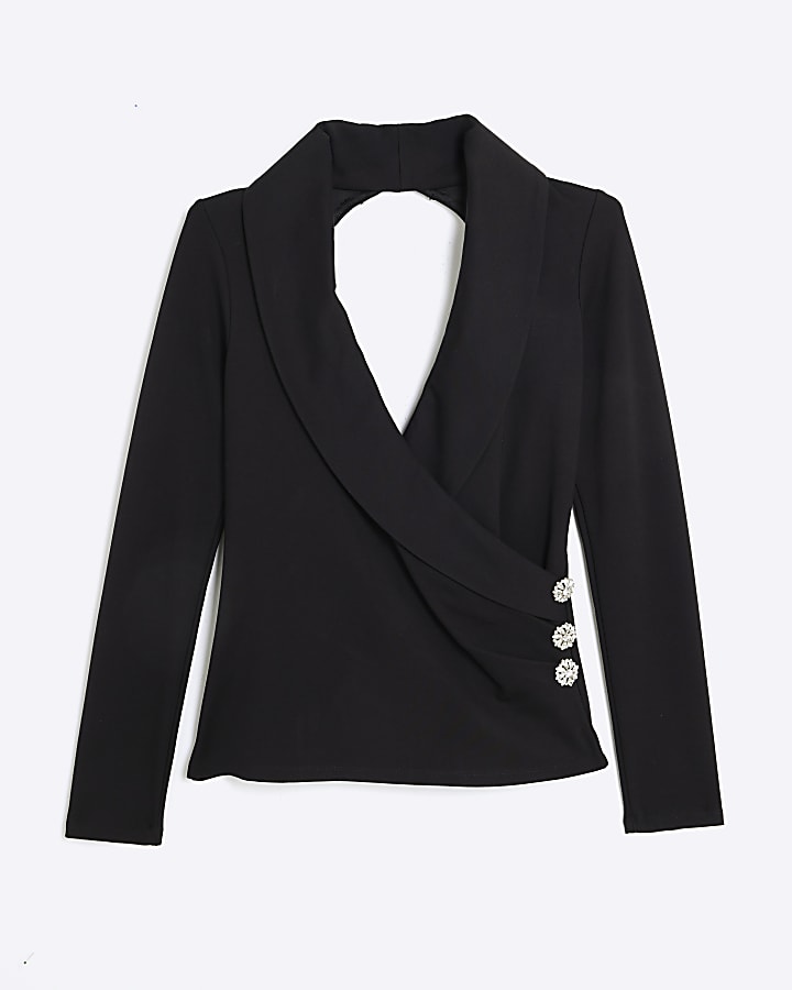 Black Diamante Open Back Wrap Top