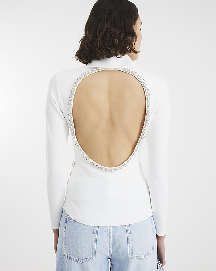 Cream Diamante Open Back Wrap Top