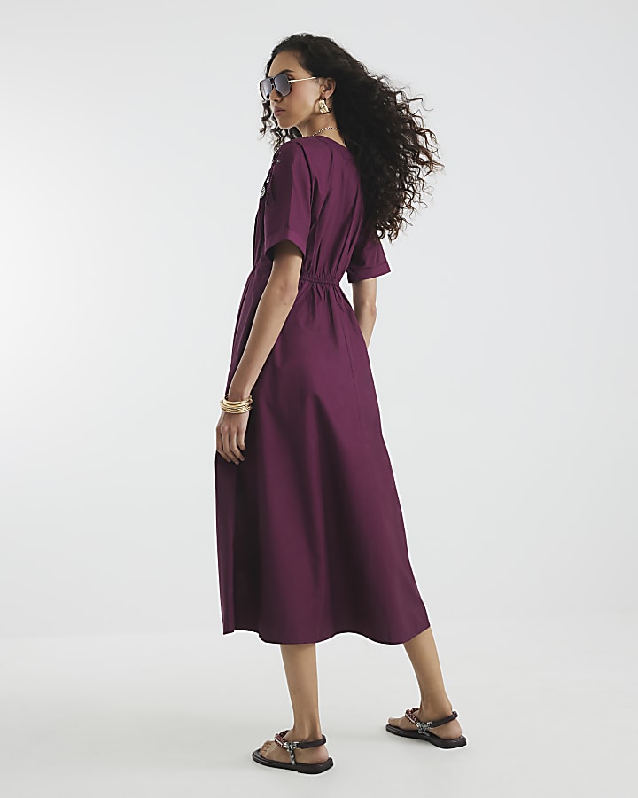 Red Short Sleeve Cutwork Midi Dress