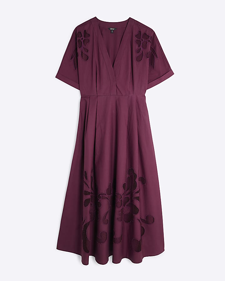 Red Short Sleeve Cutwork Midi Dress