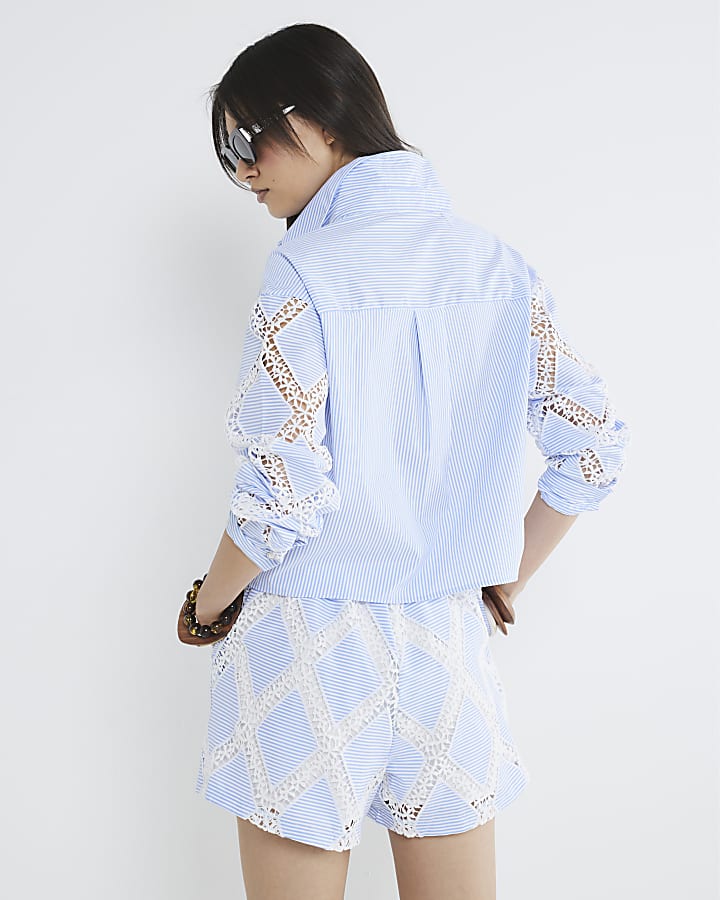 Blue Long Sleeve Stripe Cutwork Shirt