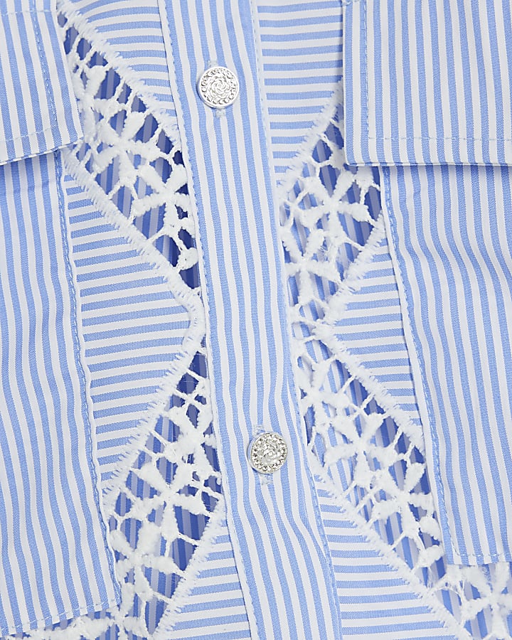 Blue Long Sleeve Stripe Cutwork Shirt