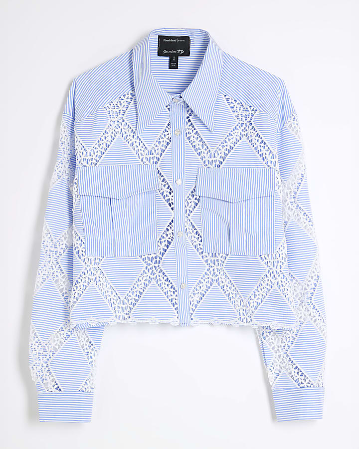 Blue Long Sleeve Stripe Cutwork Shirt