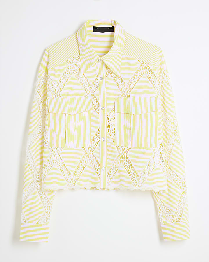 Yellow Long Sleeve Stripe Cutwork Shirt