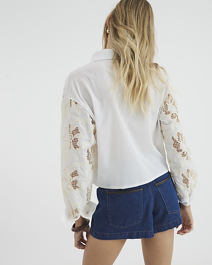 White Long Sleeve Cutwork Shirt