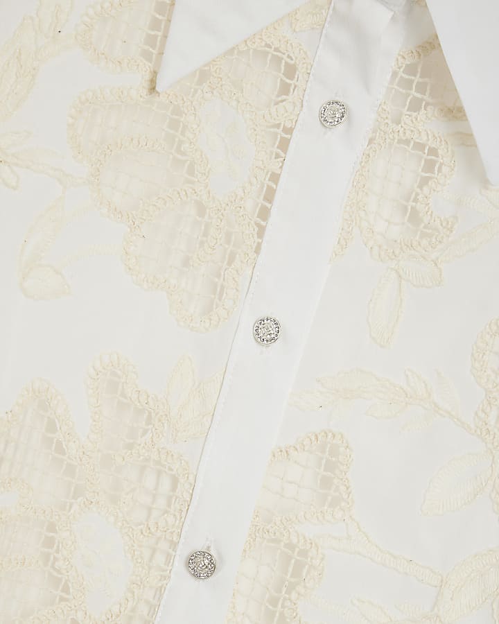White Long Sleeve Cutwork Shirt