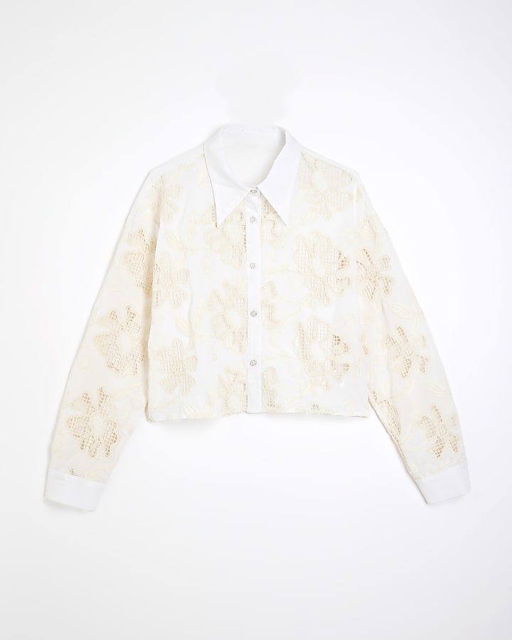 White Long Sleeve Cutwork Shirt