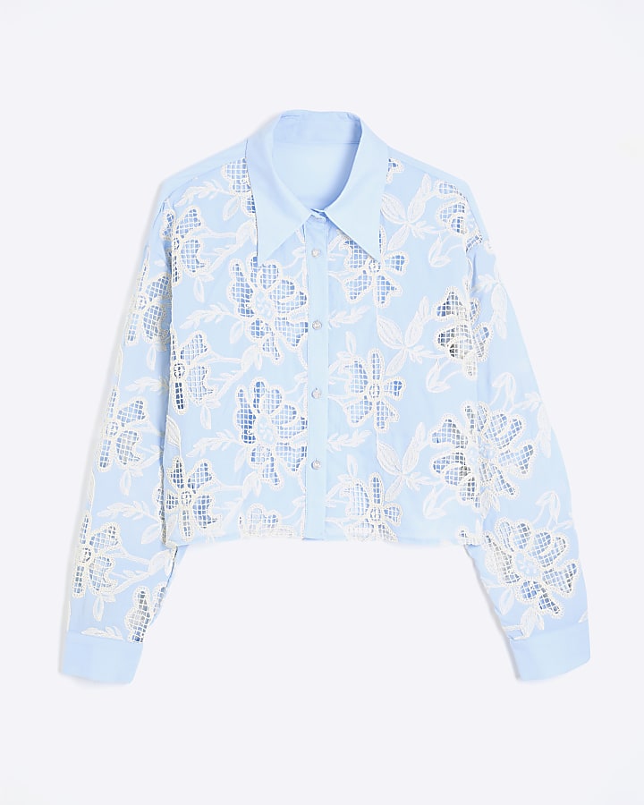 Blue Long Sleeve Floral Cutwork Shirt