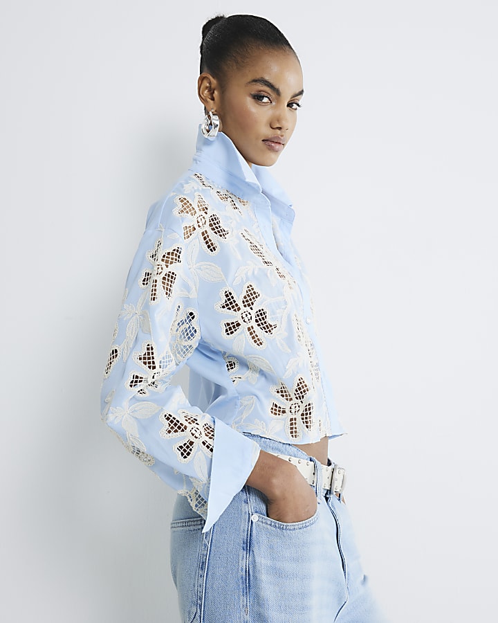 Blue Long Sleeve Floral Cutwork Shirt