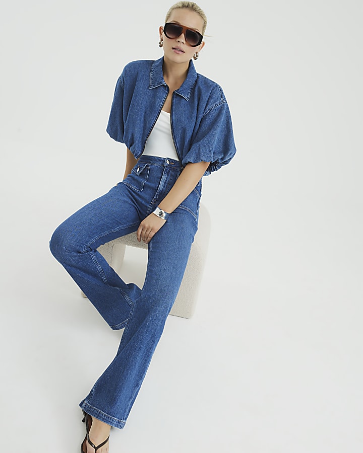 Blue High Rise Relaxed Flared Jeans