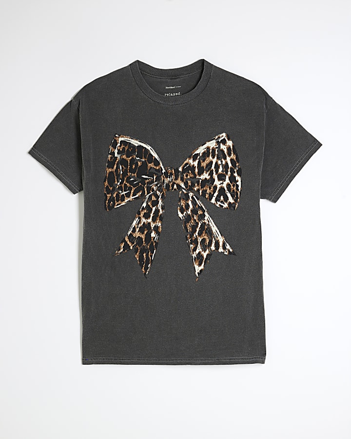 Grey Washed Leopard Bow T-shirt