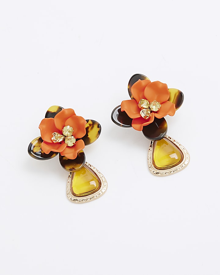 Orange And Tortoiseshell Flower Stud Earrings