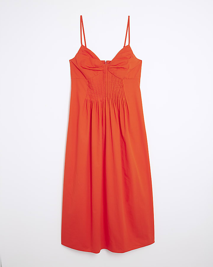 Red Strappy Pintuck Waist Midi Dress