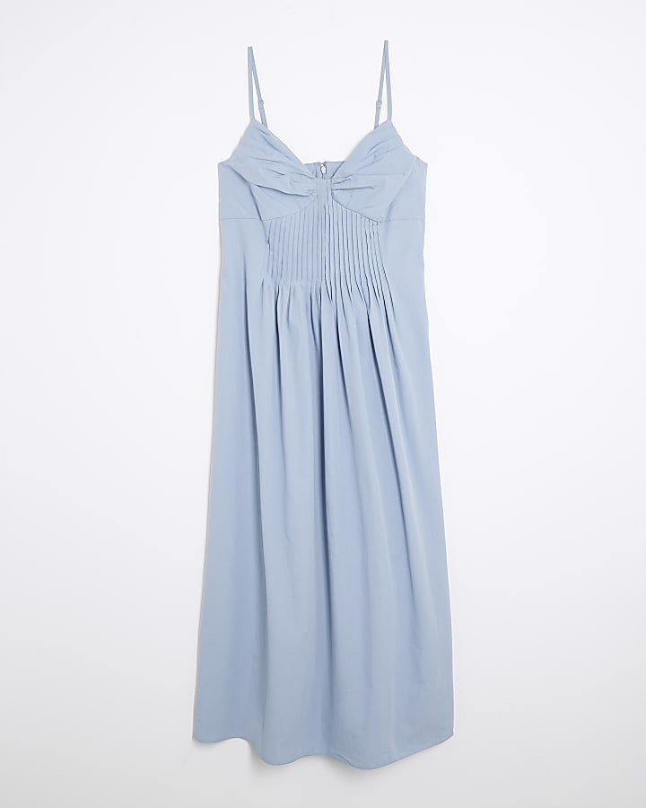 Blue Strappy Pintuck Waist Midi Dress