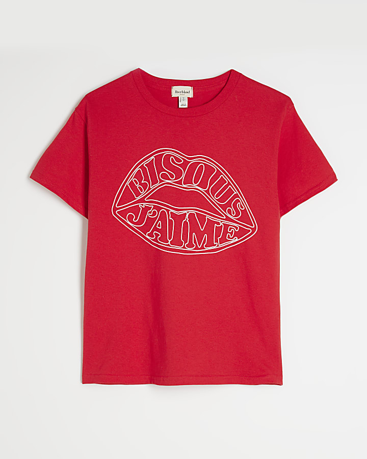 Red Bisous J'aime Lips Print T-Shirt