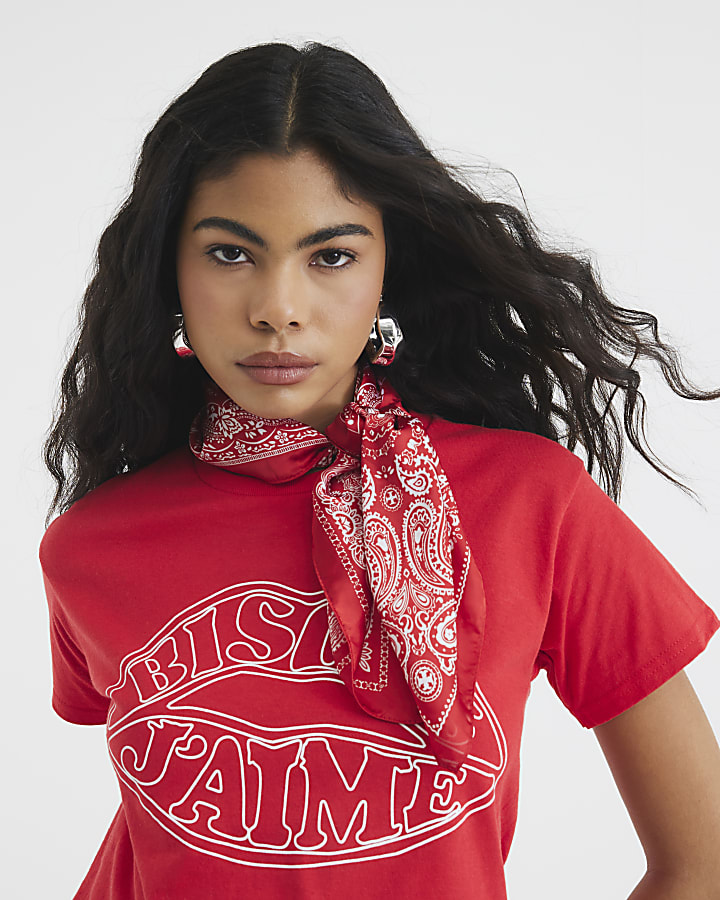 Red Bisous J'aime Lips Print T-Shirt