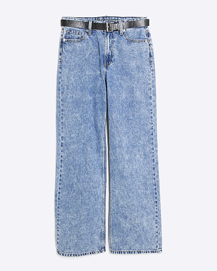 Blue Belted Relaxed Straight Leg Jeans