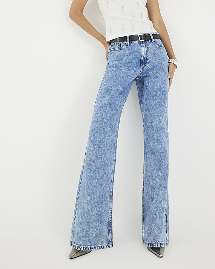 Blue Belted Relaxed Straight Leg Jeans