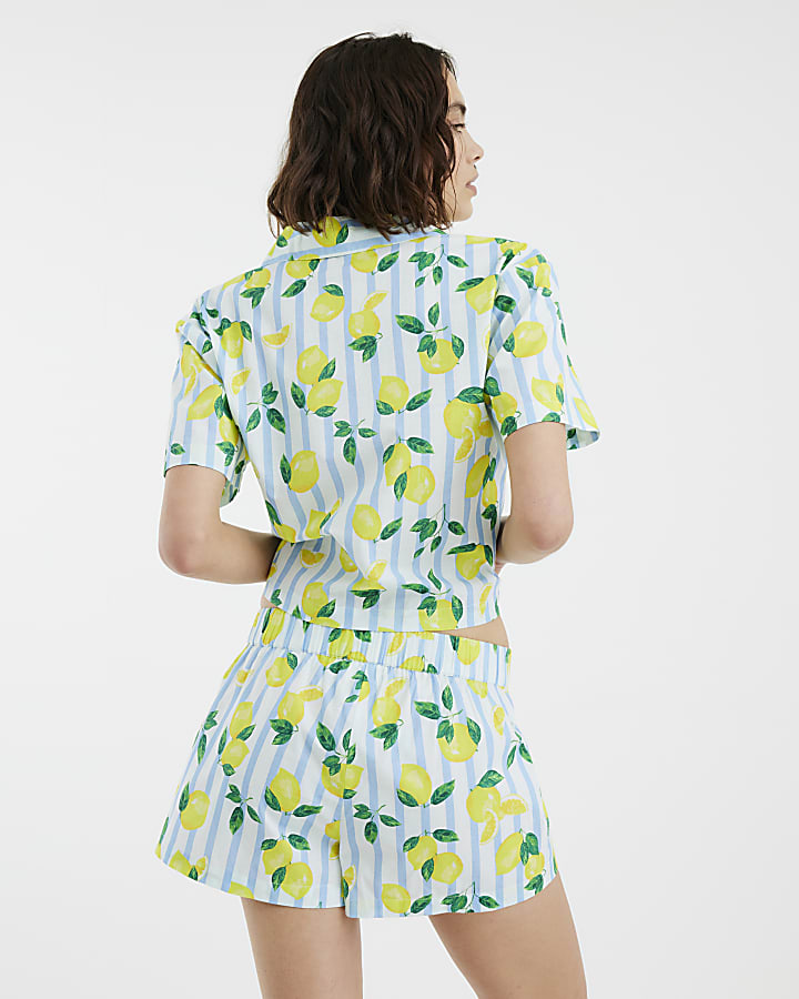 White Lemon Stripe Shirt and Short Lounge Set