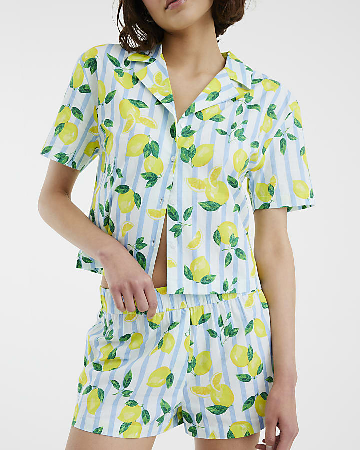 White Lemon Stripe Shirt and Short Lounge Set