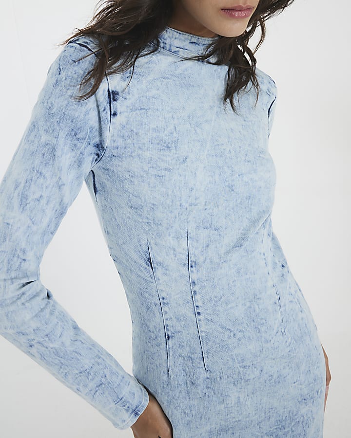Blue Denim Long Sleeve Acid Wash Midi Dress