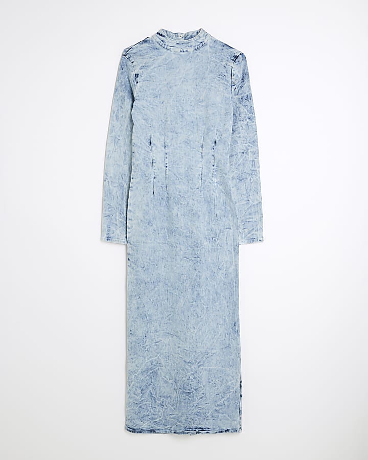 Blue Denim Long Sleeve Acid Wash Midi Dress