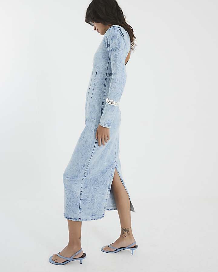 Blue Denim Long Sleeve Acid Wash Midi Dress