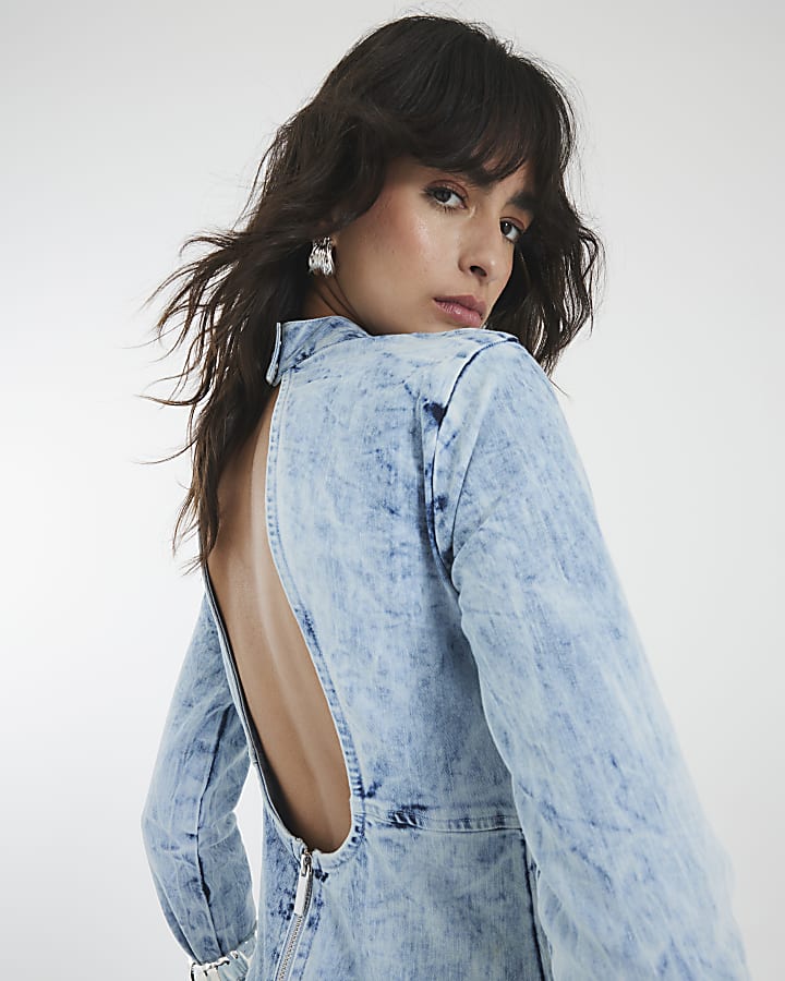 Blue Denim Long Sleeve Acid Wash Midi Dress