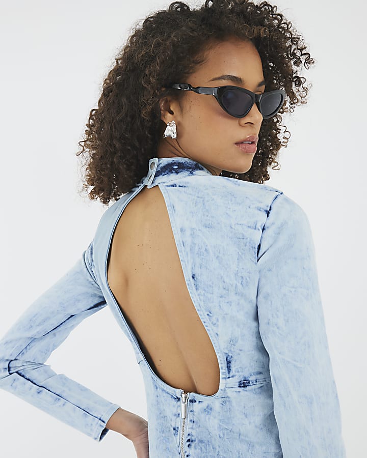 Blue Denim Long Sleeve Acid Wash Mini Dress
