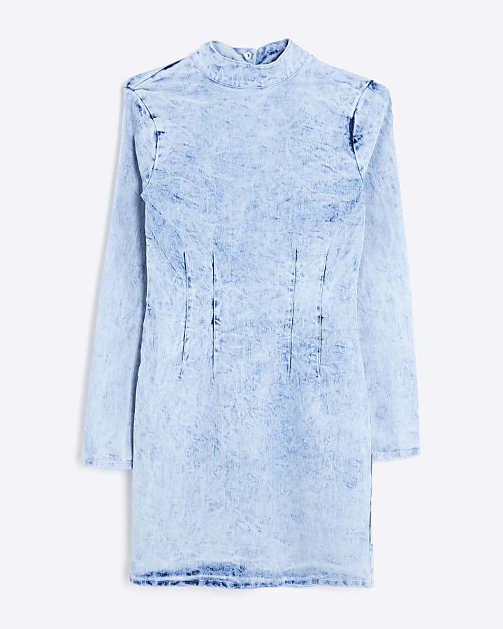 Blue Denim Long Sleeve Acid Wash Mini Dress