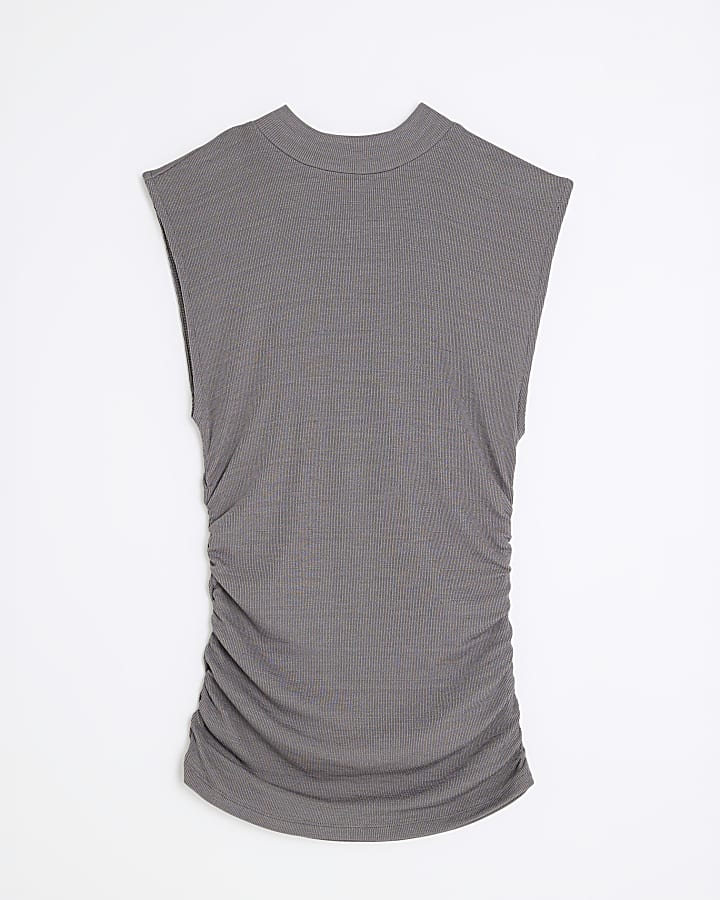 Grey Sleeveless Ruched Side Top