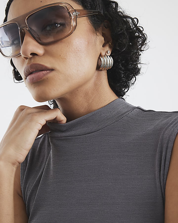 Grey Sleeveless Ruched Side Top