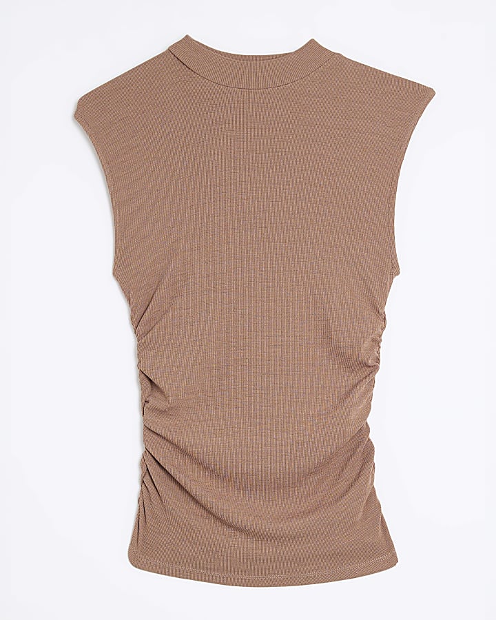 Beige Sleeveless Ruched Side Top