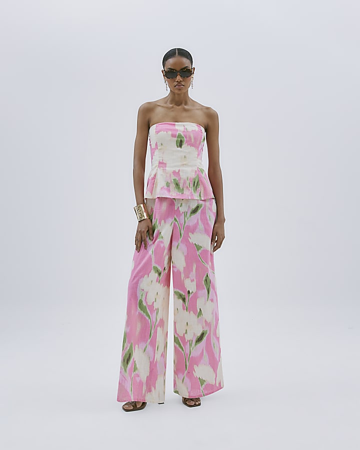 Pink Linen Blend Floral Print Jumpsuit