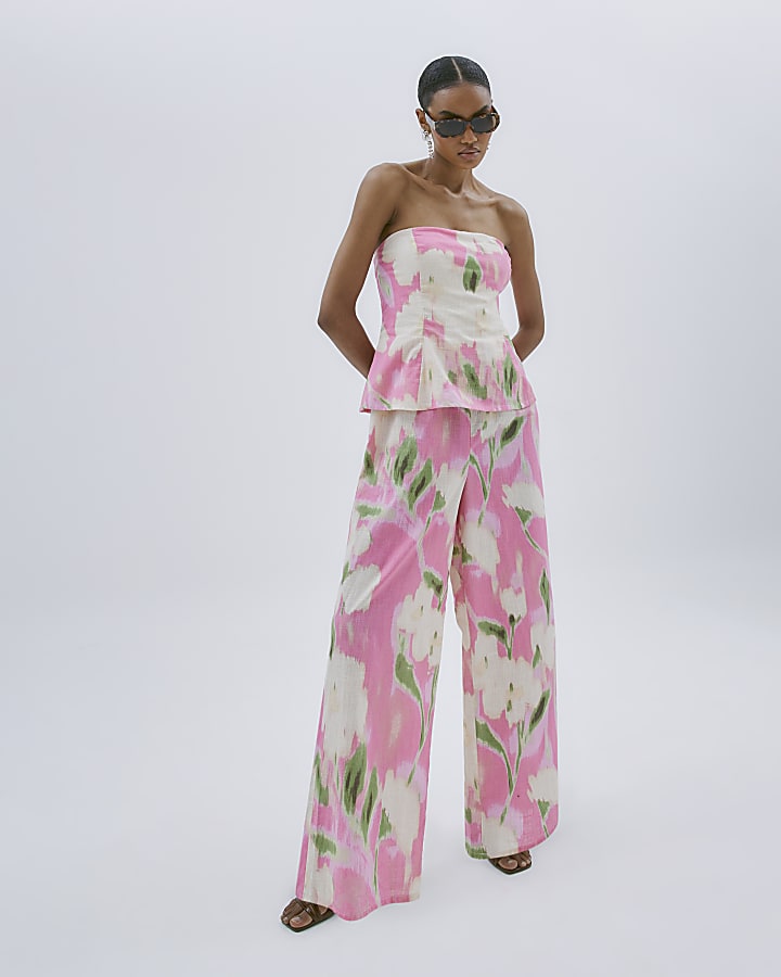 Pink Linen Blend Floral Print Jumpsuit