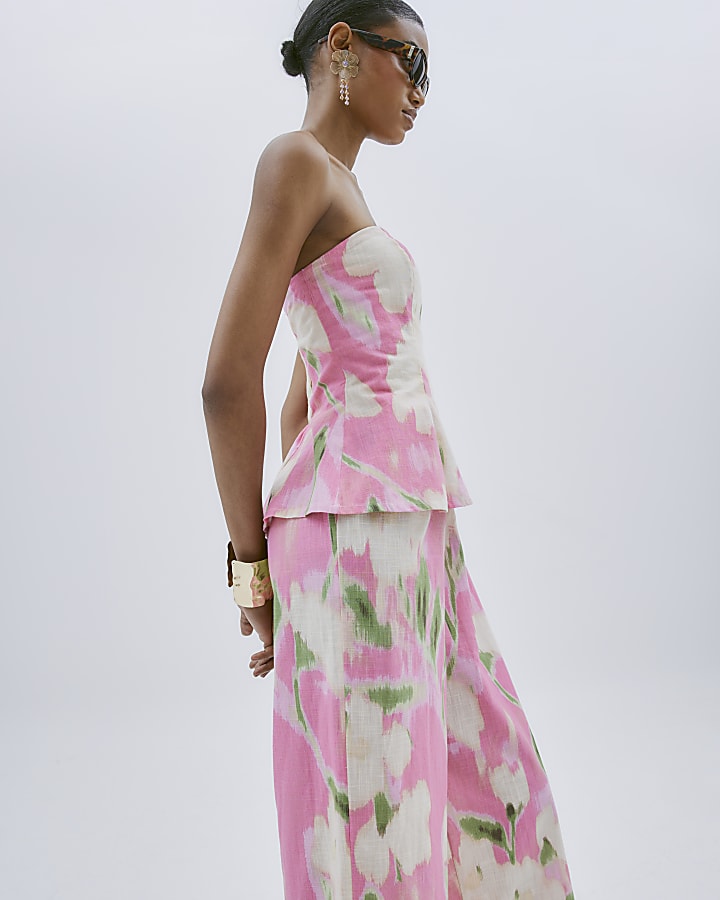 Pink Linen Blend Floral Print Jumpsuit