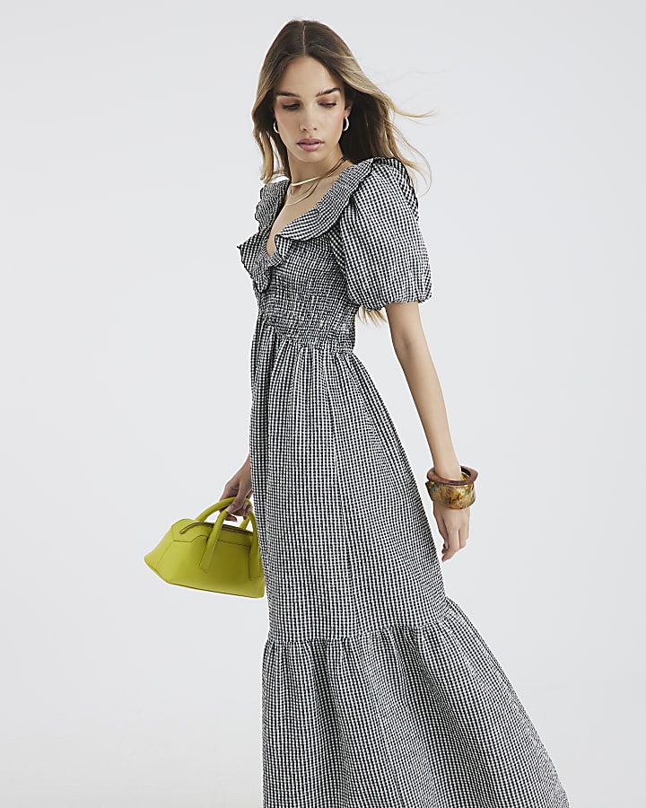 Black Gingham V Neck Frill Midi Dress