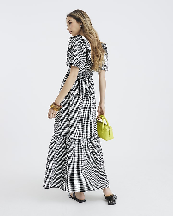 Black Gingham V Neck Frill Midi Dress