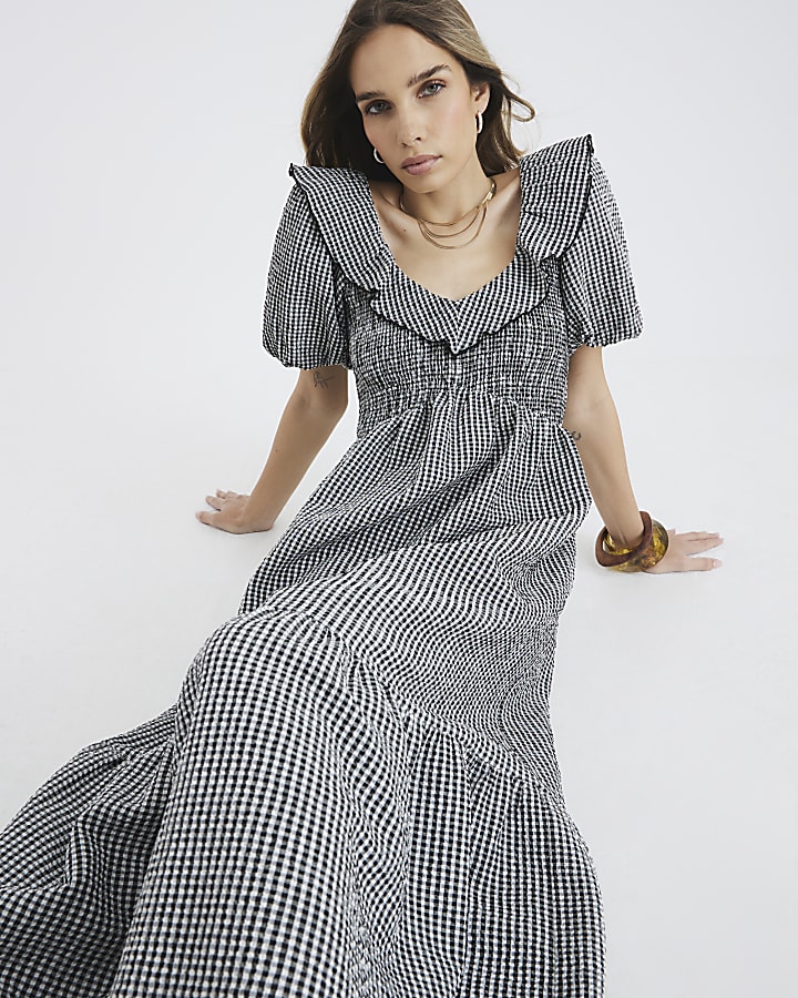 Black Gingham V Neck Frill Midi Dress