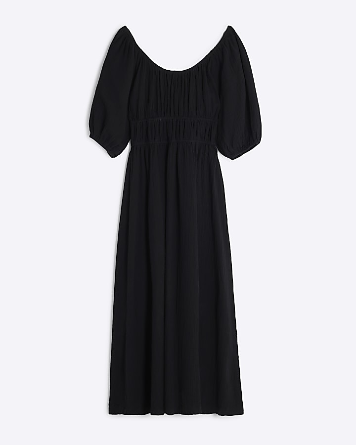 Black Short Sleeve Gathered Midi Dress