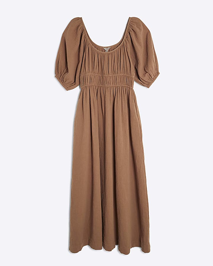 Brown Short Sleeve Gathered Midi Dress