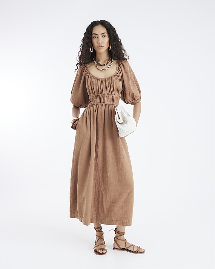 Brown Short Sleeve Gathered Midi Dress
