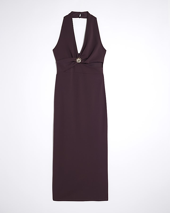 Purple Halter Neck Cut Out Midi Dress