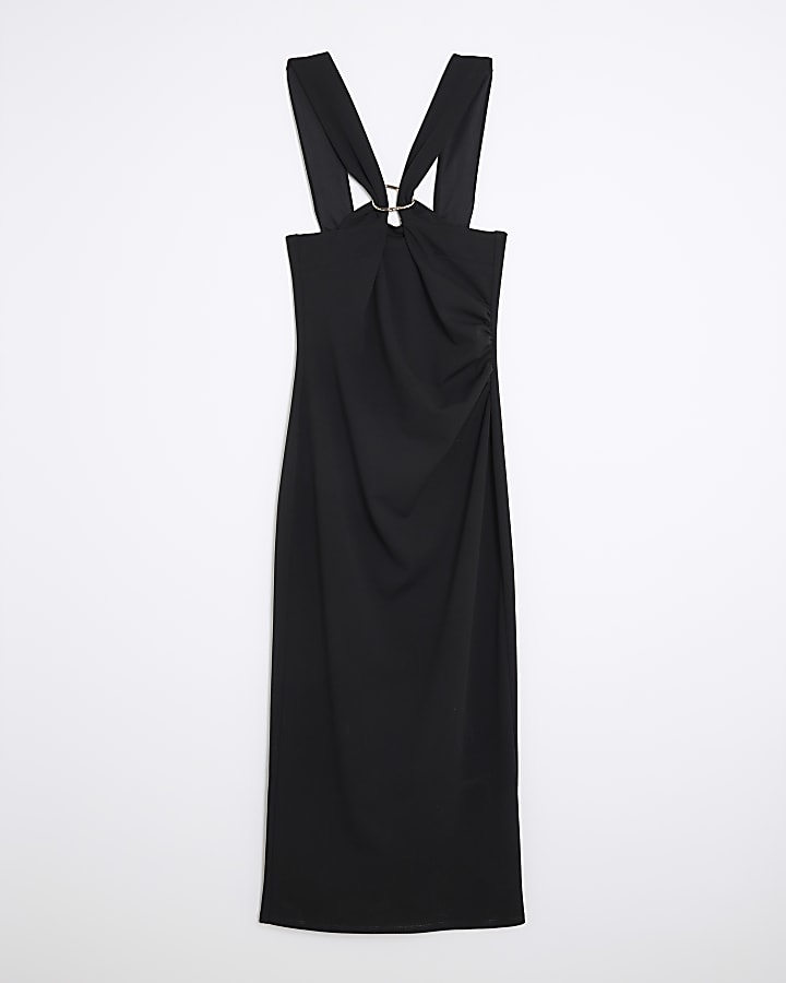 Black Ring Detail Halter Neck Midi Dress