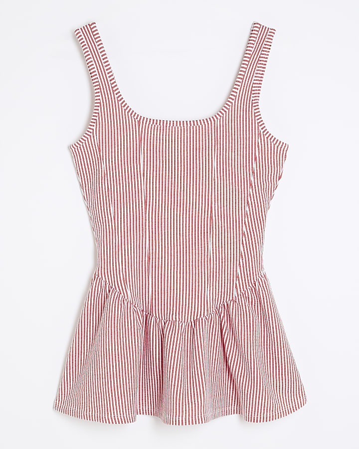 Red Sleeveless Stripe Peplum Top