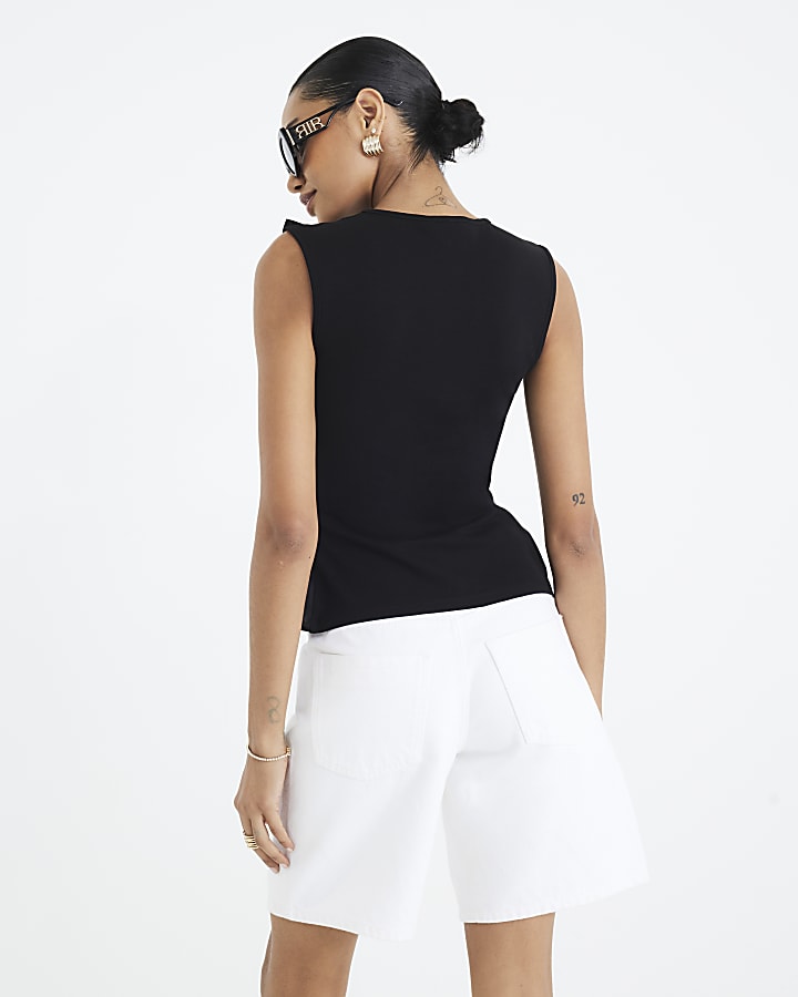 Black Sleeveless Poplin Mix Frill Top