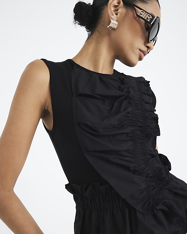 Black Sleeveless Poplin Mix Frill Top