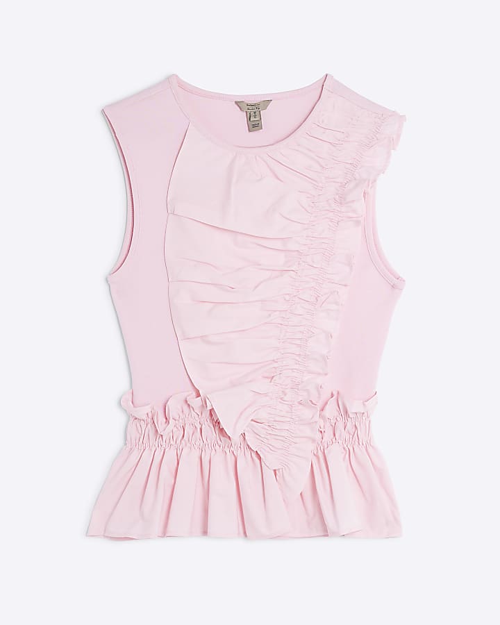 Pink Sleeveless Poplin Mix Frill Top