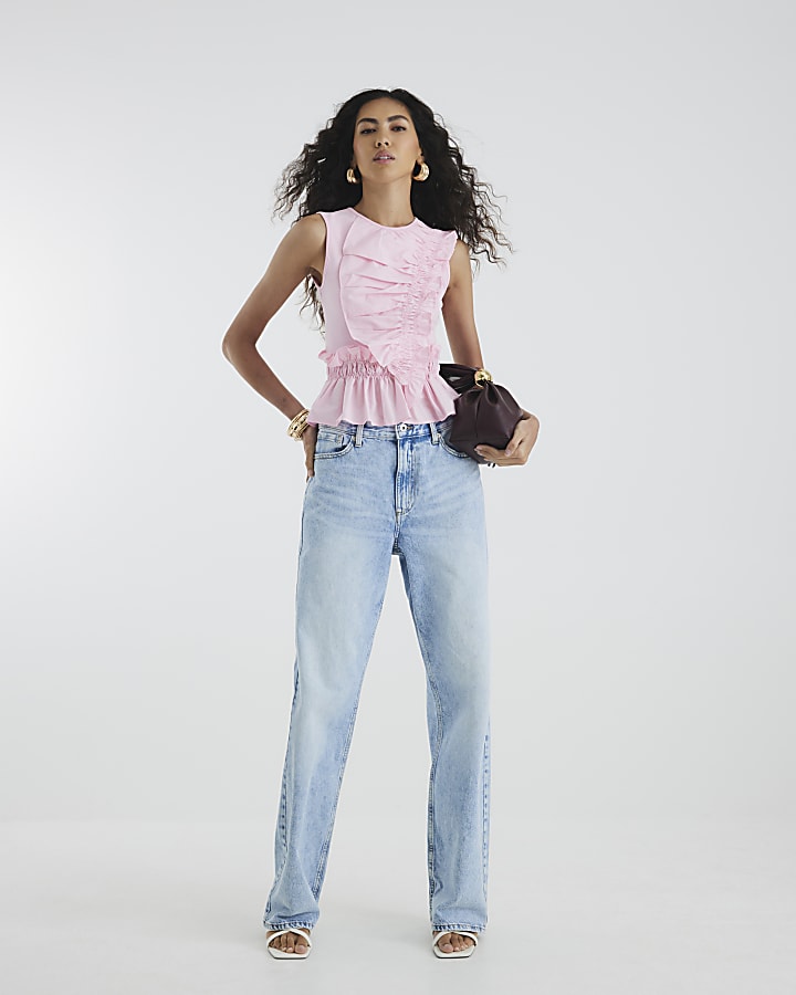 Pink Sleeveless Poplin Mix Frill Top