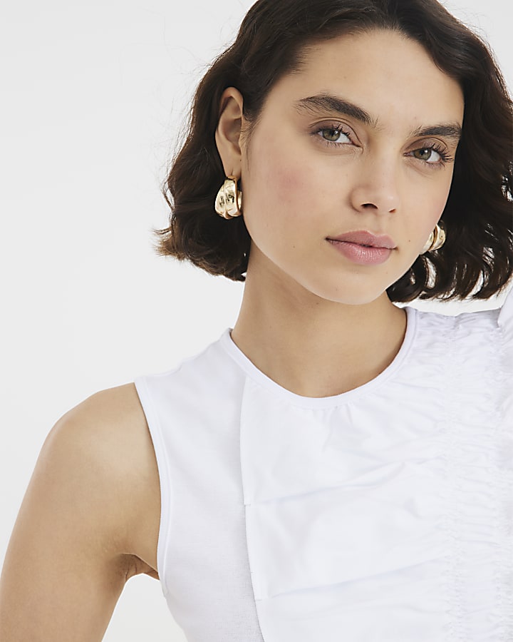White Sleeveless Poplin Mix Frill Top